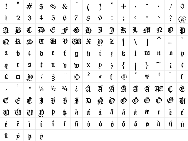 DrunkenSailor Regular  glyph index
