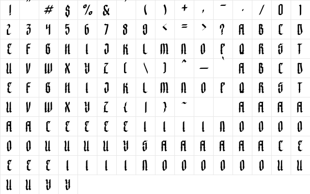 Crashburn Regular  glyph index