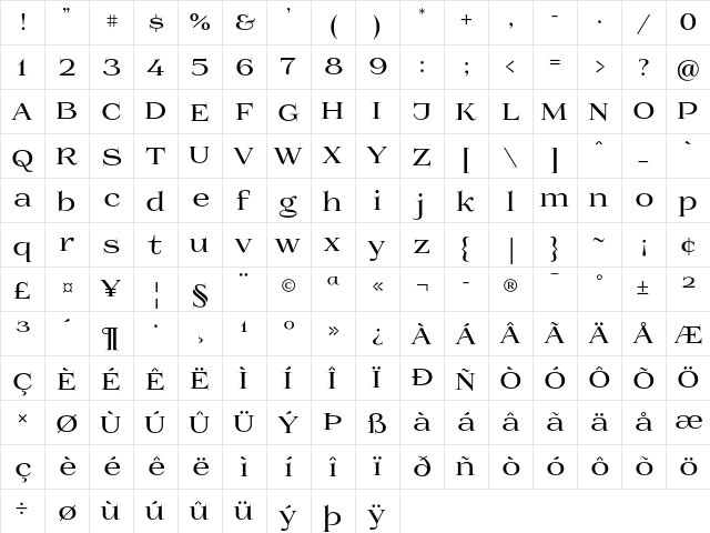 Prida01 Bold  glyph index