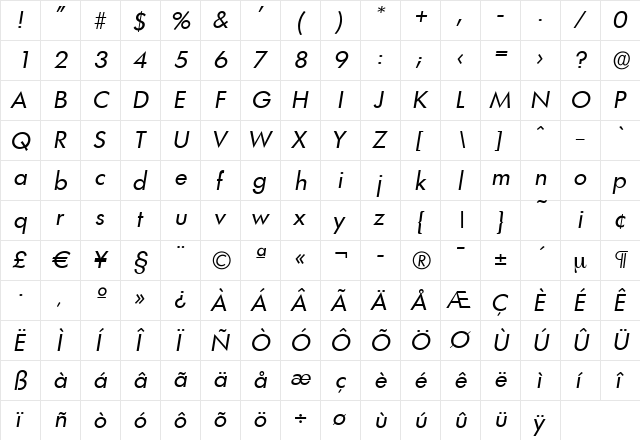 PeterBecker Italic  glyph index