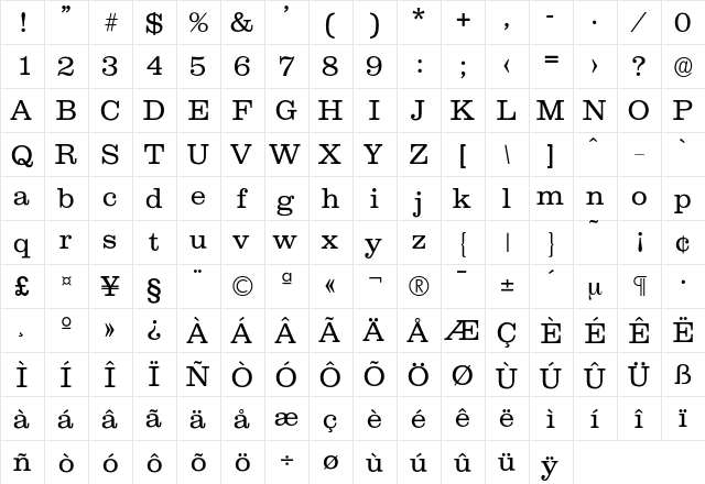 Clarendon-Light Regular  glyph index