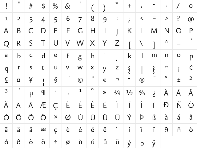 AbsaraSans-Light Regular  glyph index