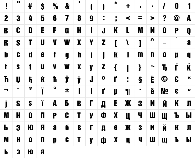 HelveticaInseratCyr Upright Regular  glyph index