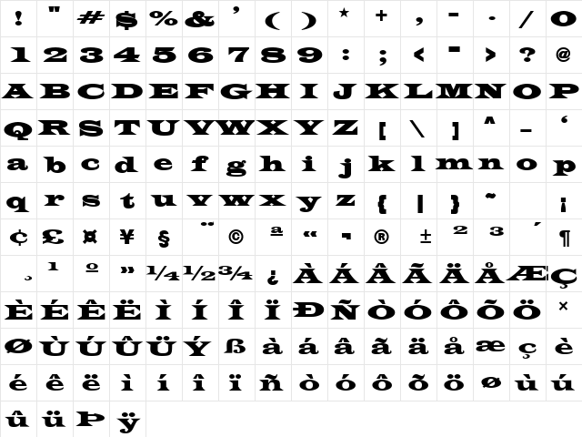 TransverseSSK Bold  glyph index