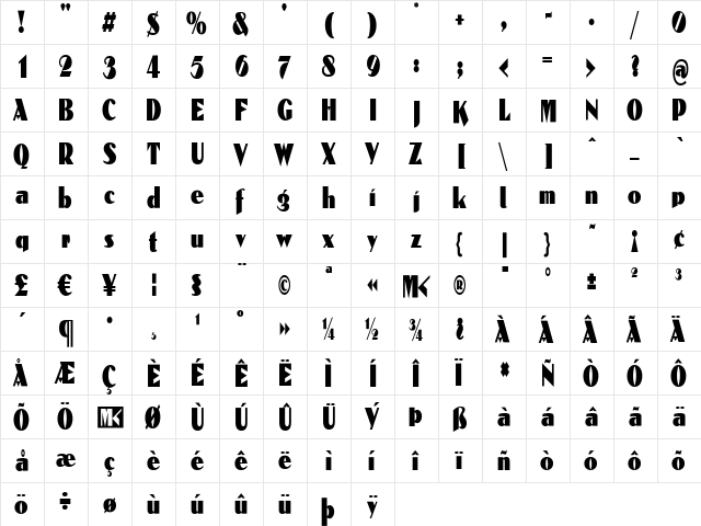 Reclamare Regular  glyph index