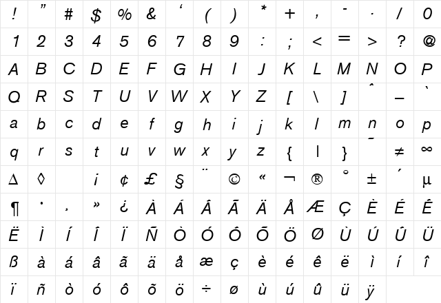 Akzent RegularItalic  glyph index