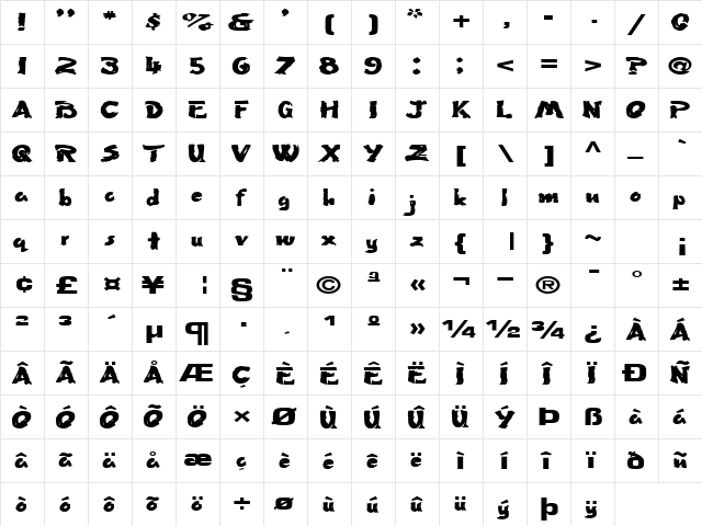 FlatBrush36 Regular  glyph index