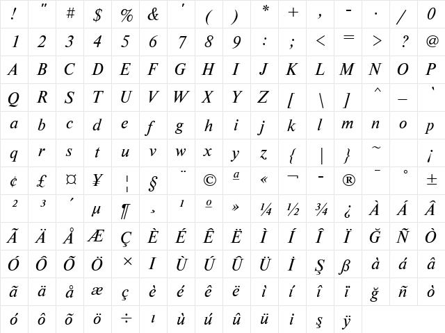 NewtonTTT Italic  glyph index