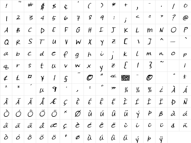 GinasHand Bold Italic  glyph index