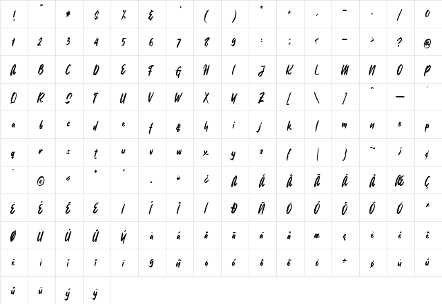 GreenSplash Regular  glyph index