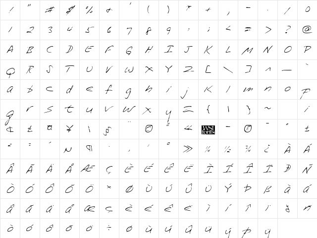 PerrysHand Regular  glyph index