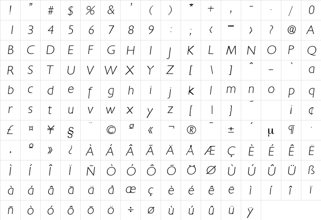 Chantilly-Serial-ExtraLight RegularItalic  glyph index