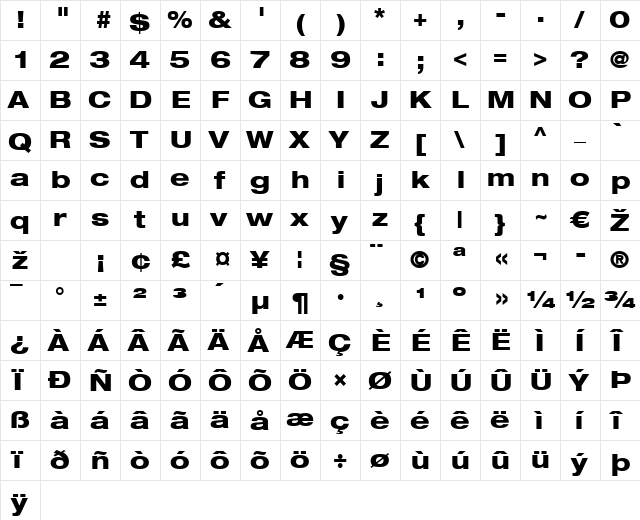 HelveticaNeue LT 63 MdEx Heavy  glyph index