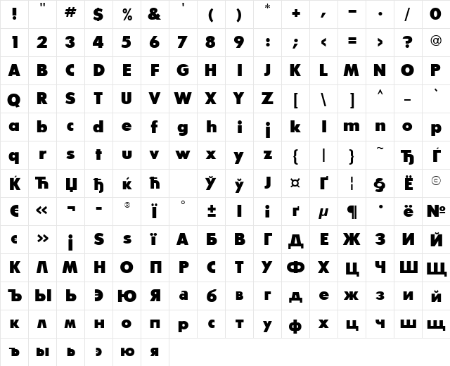 GlasnostExtrabold Regular  glyph index