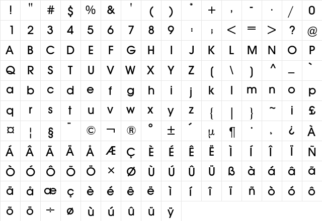 Avant Garde 2 BQ Regular  glyph index