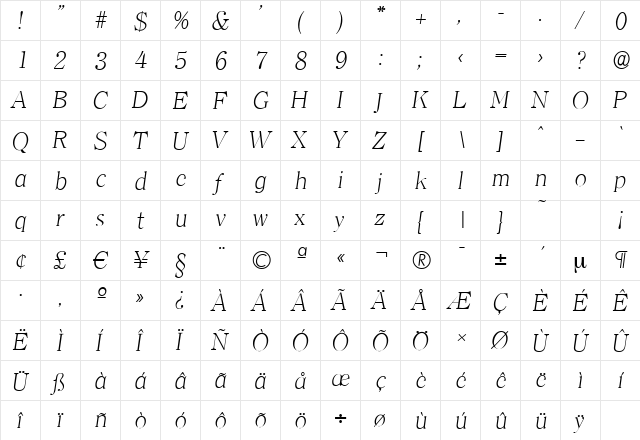 ClearfaceSerial-Xlight Italic  glyph index