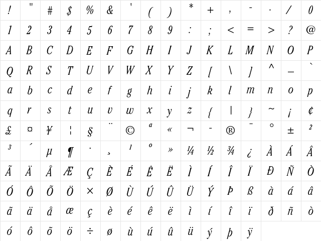 ITC Cheltenham Light Condensed Italic  glyph index