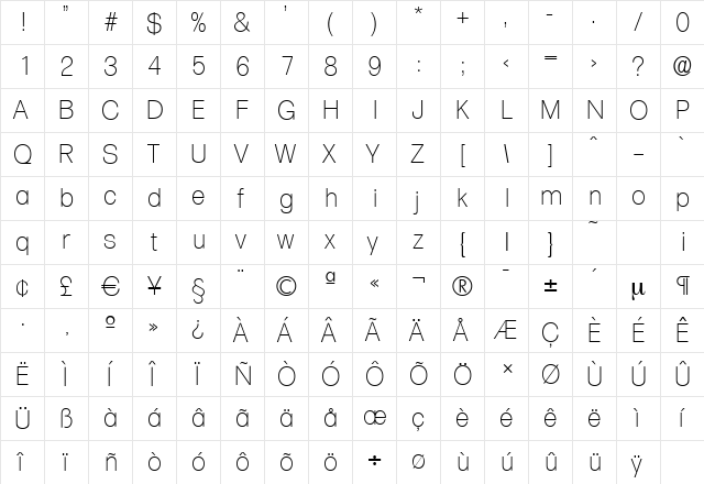 FormulaSerial-Xlight Regular  glyph index