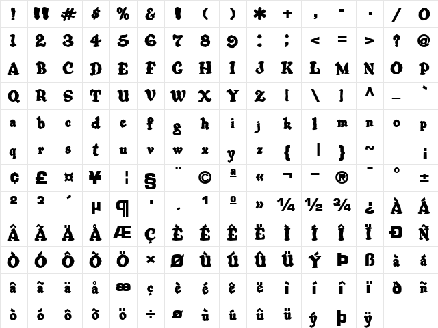 FoolHartOld27 Bold  glyph index