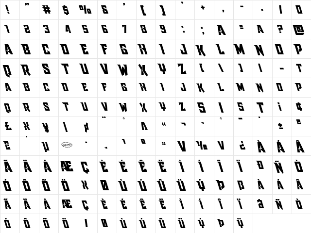 Raider Crusader Leftalic Italic  glyph index