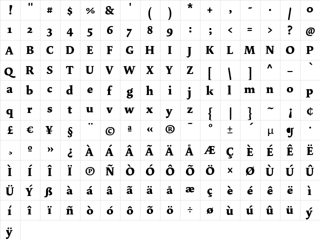 Dolly Bold  glyph index