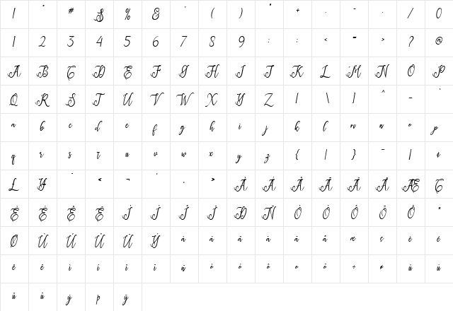 Eritta Slant Bold  glyph index