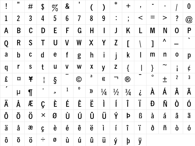 News Gothic Bold Condensed  glyph index