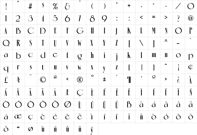 Romantique Regular  glyph index