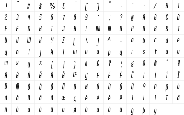 Quota Regular Italic Cond.  glyph index
