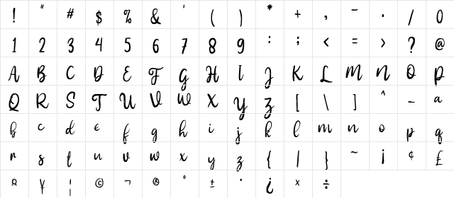 nahye Regular  glyph index