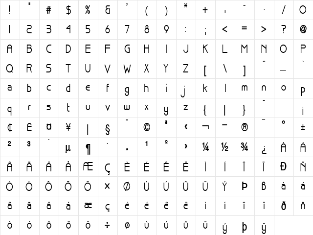 Basque Thin Bold  glyph index