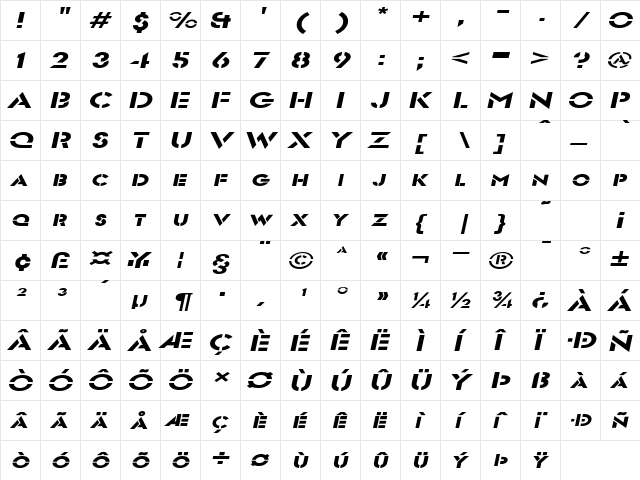FreeportExtended Oblique  glyph index