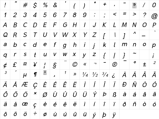 Malter Sans Italic Demo Regular  glyph index