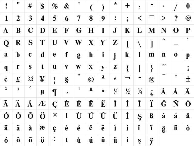 NewtonTTT Bold  glyph index