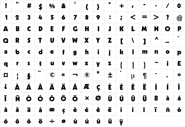 Kabel BQ Regular  glyph index