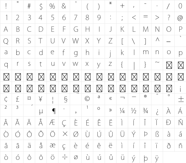 Kozuka Gothic Std EL  glyph index