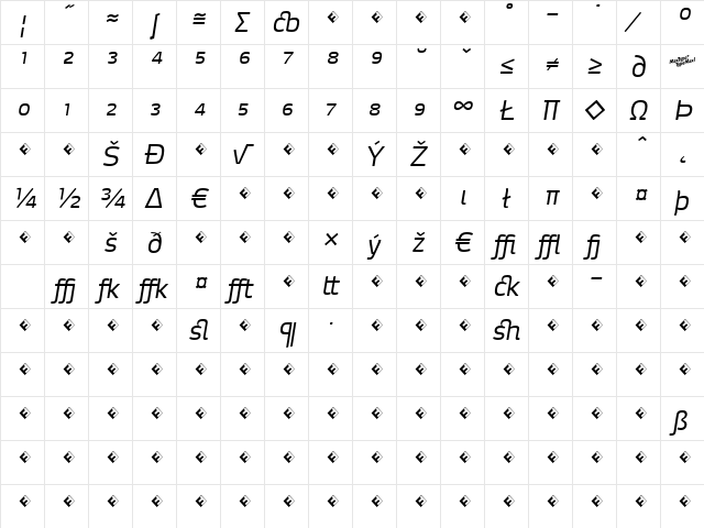 MaxDemiSerif-LightItalicExp Regular  glyph index