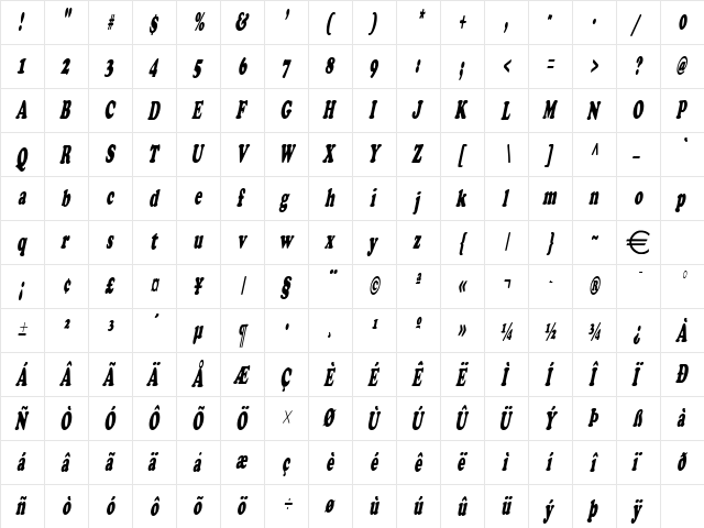 CupidCondensed Italic  glyph index