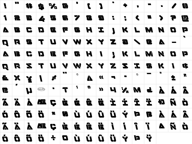 Domino Jack Leftalic Italic  glyph index