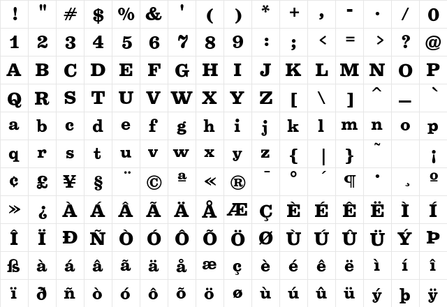 Belizio FB Bold Regular  glyph index