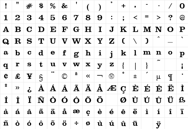 Clarion Bold  glyph index