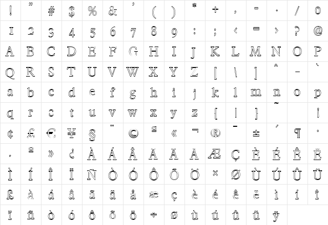 CharlesBeckerOutline-Light Regular  glyph index