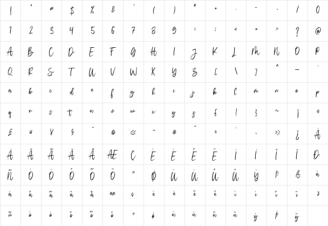 Vivy Aquilla Regular  glyph index