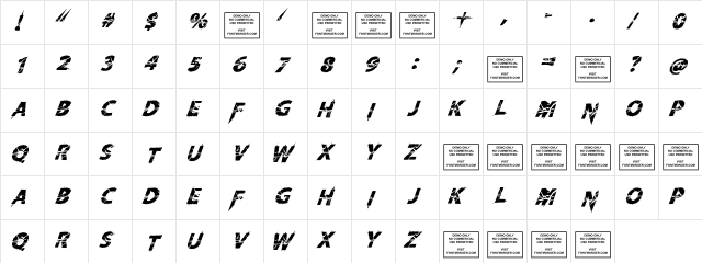 Knife Fight Ballet Italic  glyph index