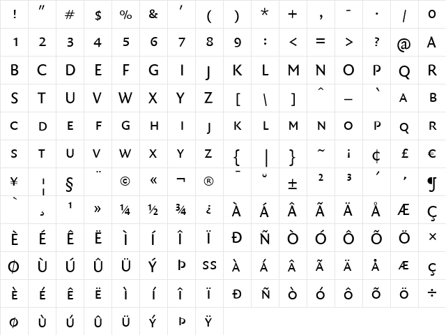 QuadraatSans SmallCaps  glyph index