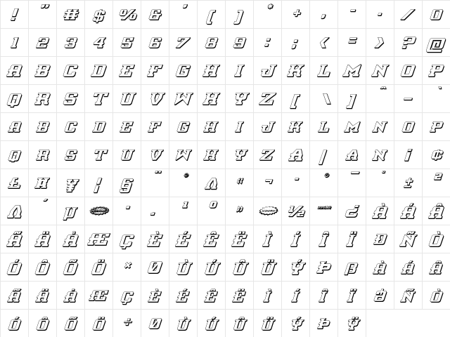 Interceptor 3D Italic Italic  glyph index
