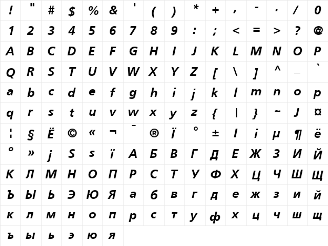 AG Foreigner Light-Bold Italic Bold  glyph index