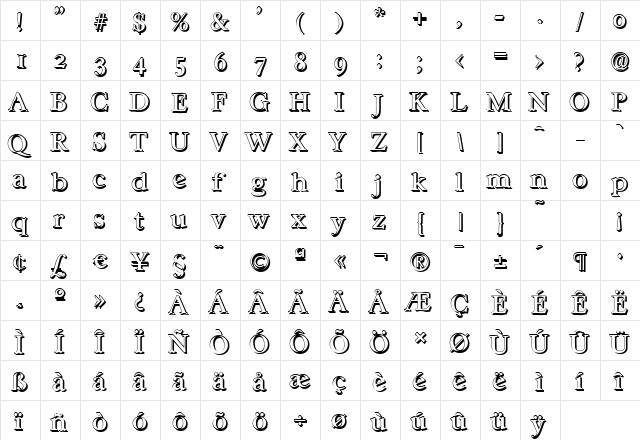 WilliamBeckerShadow Regular  glyph index
