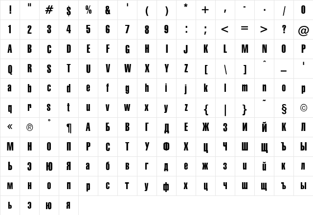 Swiss_Extra_Compressed-Norma Regular  glyph index