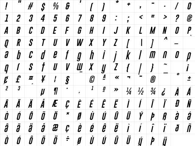 Gobold Uplow Italic  glyph index